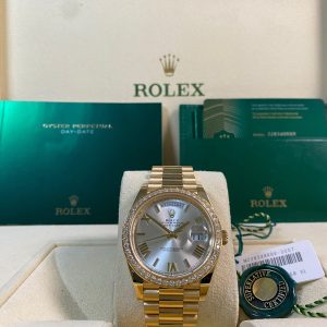 Rolex Yellow Gold Day-Date 40 - 2022 - Diamond-set Bezel - Silver Dial - 228348RBR *FULL SET*