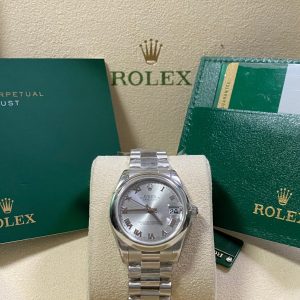 Rolex Platinum Datejust 31 - 2022 - Domed Bezel - Silver Roman Roman Dial - President Bracelet - 178246 FULL STICKERS