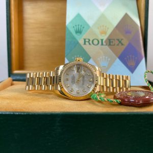 Rolex Yellow Gold Lady-Datejust - Y serial - Fluted Bezel - Mother-of-Pearl Diamond Dial - President Bracelet - 179178