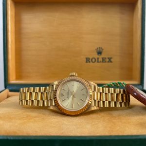 Rolex Yellow Gold Oyster Perpetual 26 - R serial - Fluted Bezel - Champagne Index Dial - President Bracelet - 67198 *UNPOLISHED*