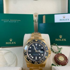 Rolex Yellow Gold GMT-Master II - 2015 - Black Dial - Green Arrow Hand - Oyster Bracelet - 116718LN *FULL STICKERS*
